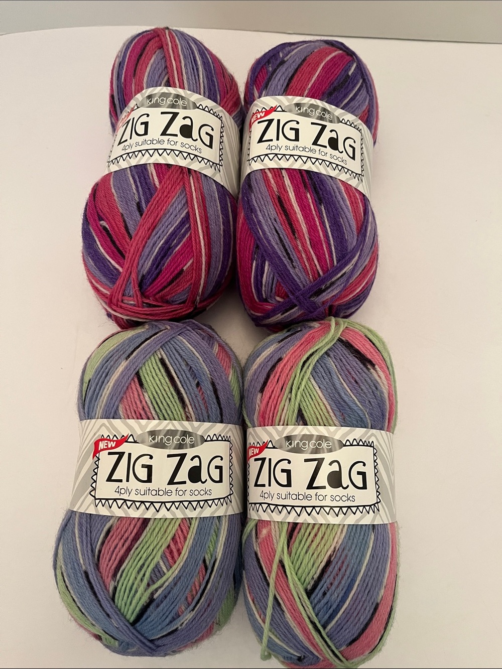 King Cole Zig Zag 4ply Sock Yarn, lot of 4, superwash wool, 100g each